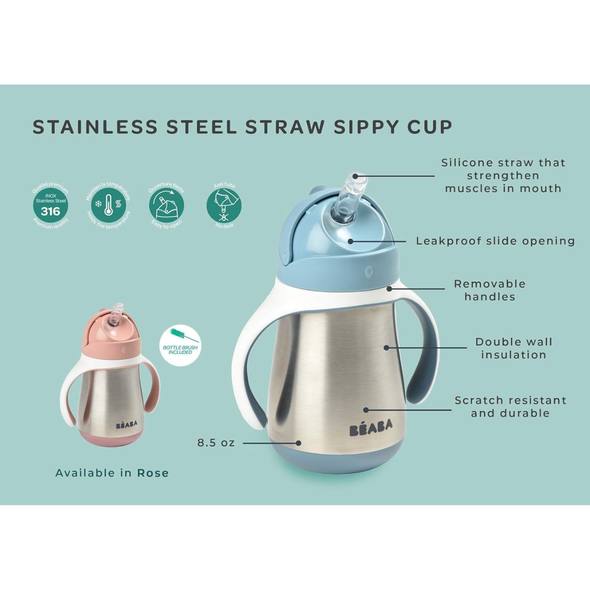 Beaba Stainless Steel Straw Sippy Cup - Terracota - Keeps Drinks at the Right Temperature